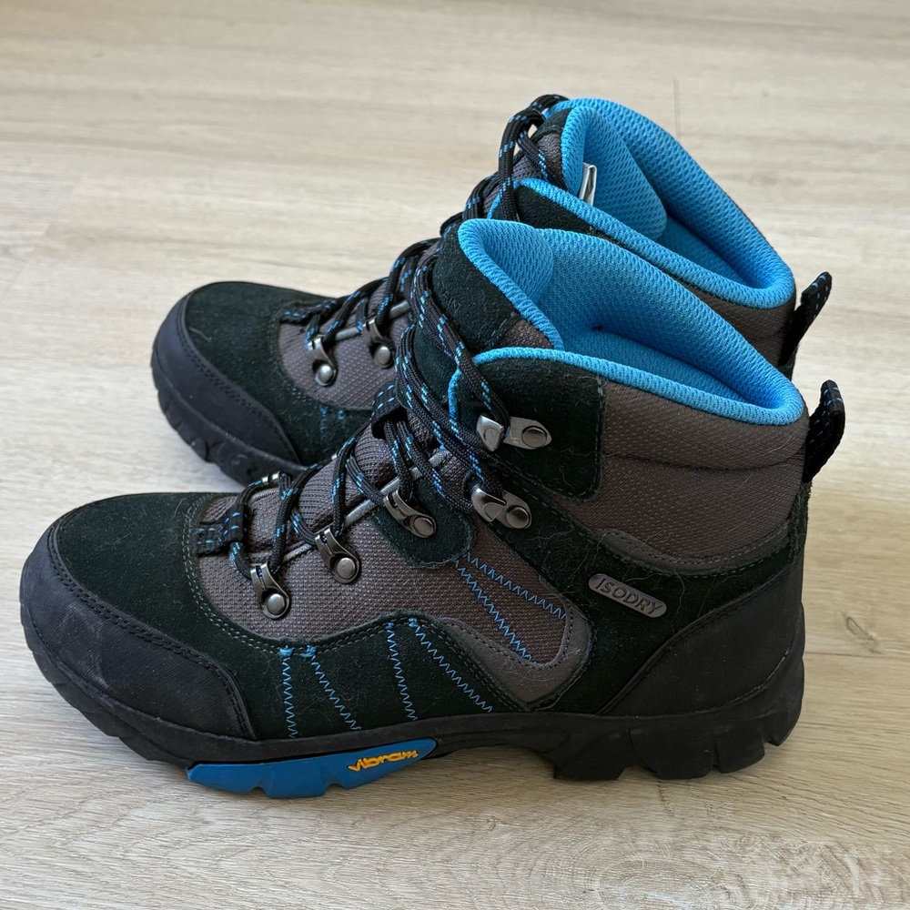 Black and Gray Hiking Boots with Blue Accents